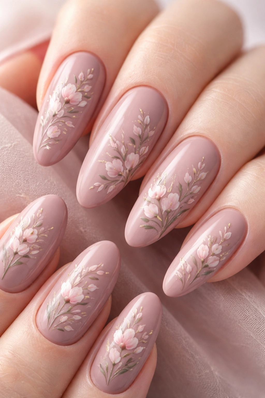 Close-up of dusty mauve-pink nails with hand-painted botanical details on each nail.