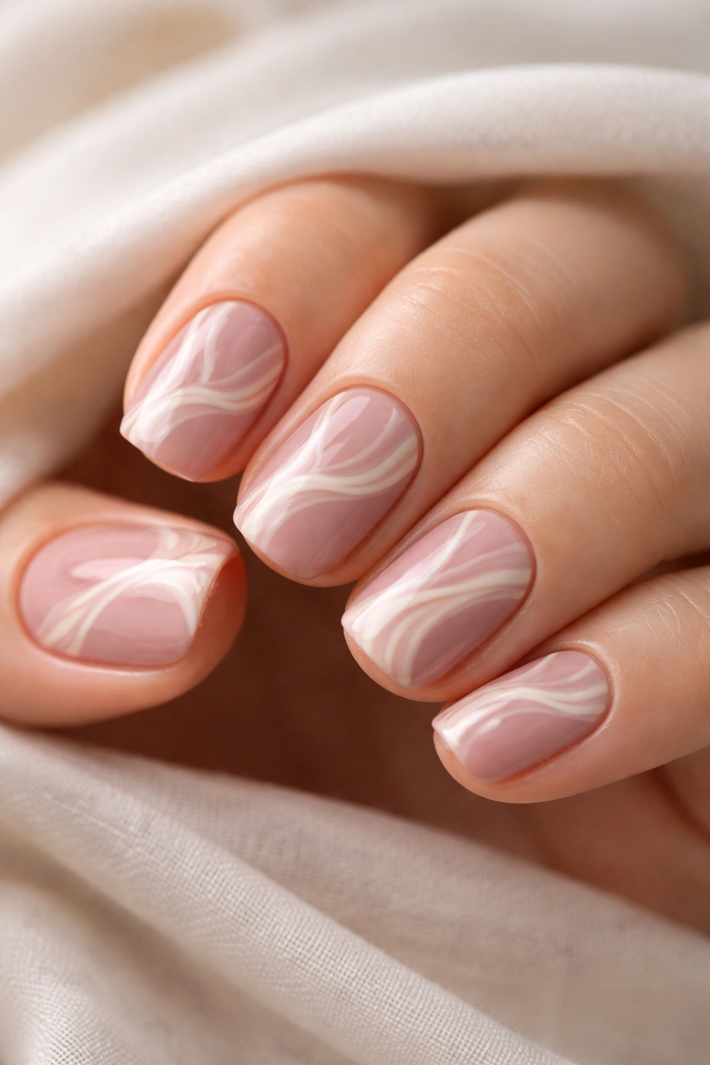 Close-up of short squoval nails with dusty mauve pink and cream marble swirl.