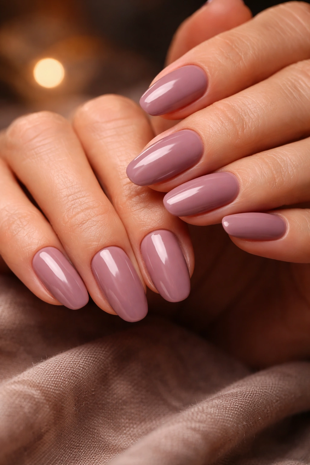 Close-up of hands with dusty mauve rose nails, muted and sophisticated