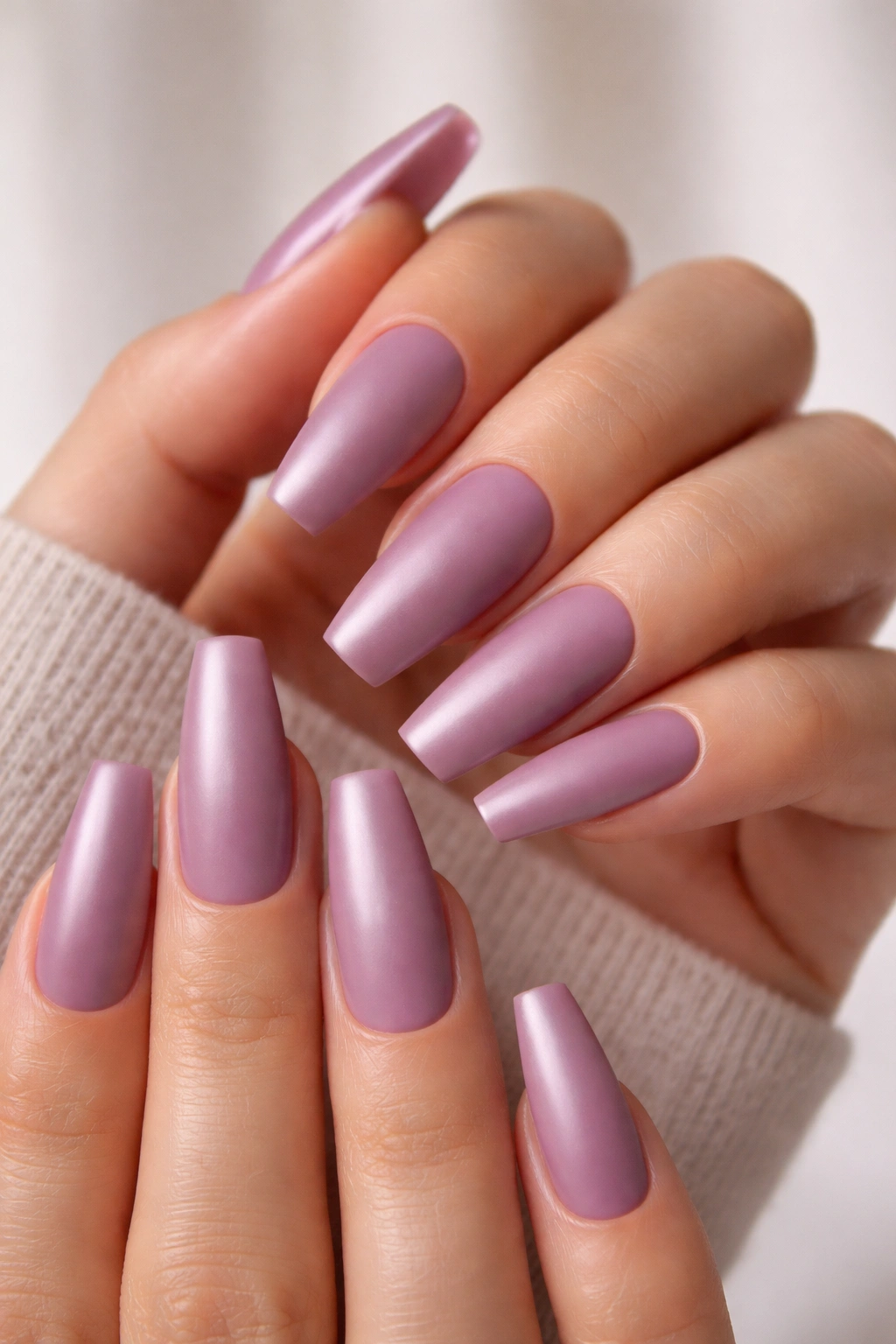 Close-up of dusty mauve ballerina nails with a satin topcoat.