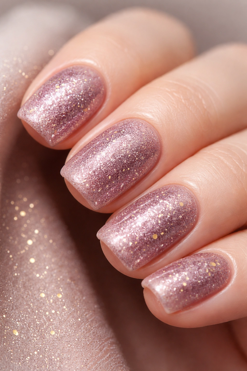 Close-up of dusty mauve velvet nails with gold flecks on short squoval shapes