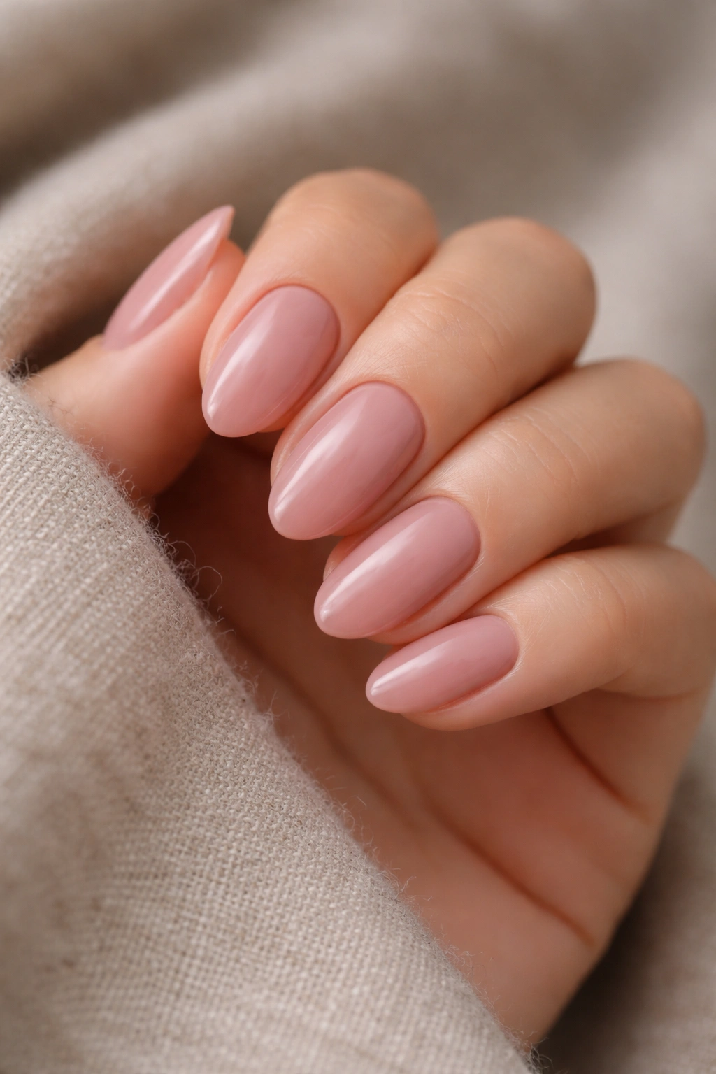 Short almond nail in dusty pink with glossy top coat