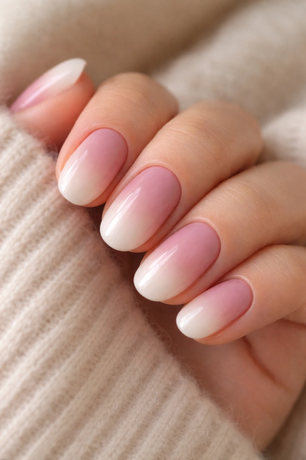 Close-up of short oval nails dusty pink to cream white fade