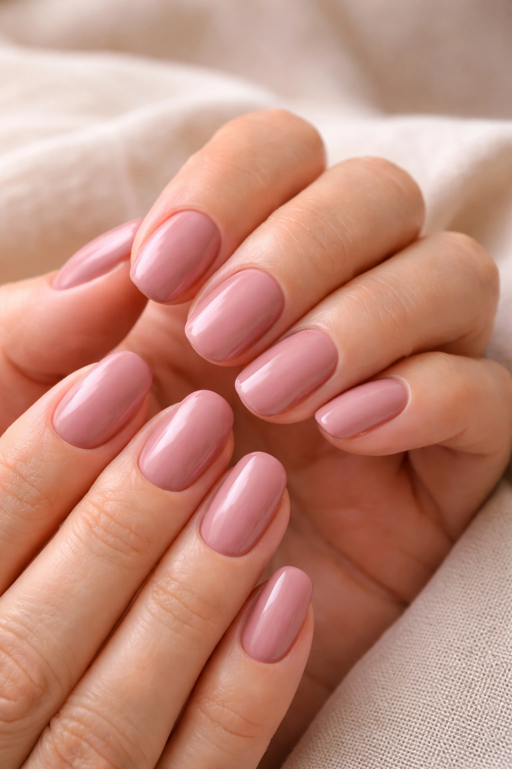 Nails painted in dusty pink and mauve-pink tones
