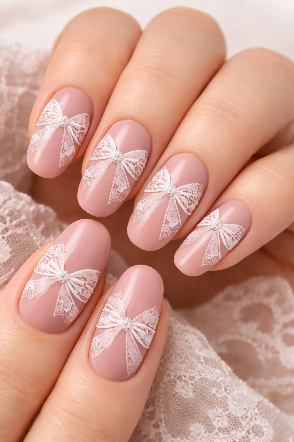 Dusty pink nails with delicate white lace-pattern bows