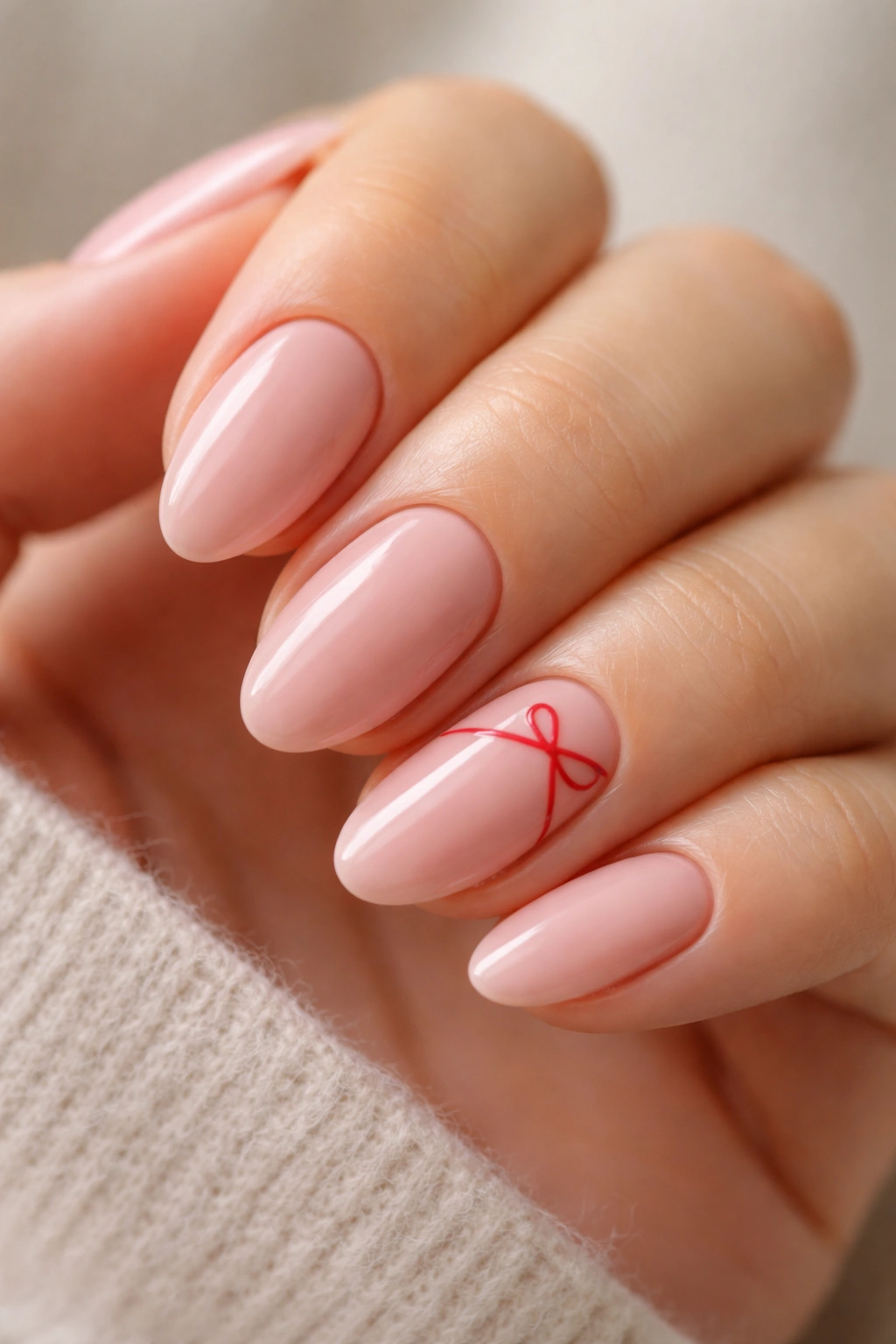Close-up of dusty pink short almond nails with red ribbon detail