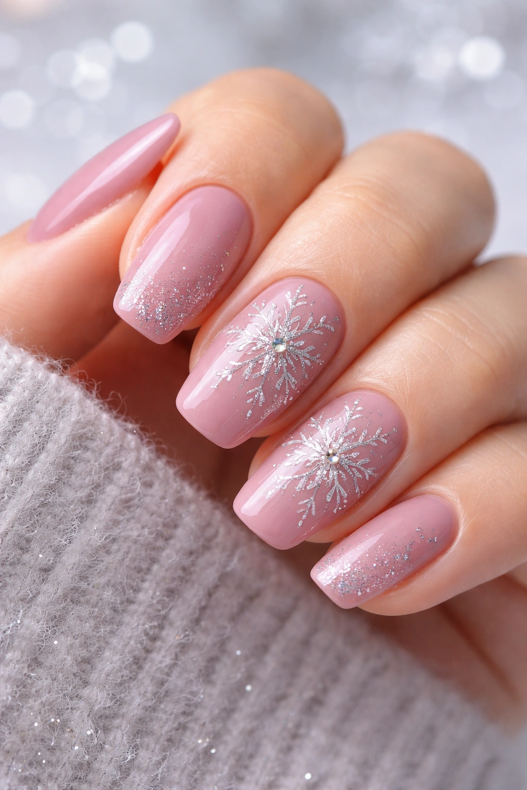 Dusty pink nails with silver snowflake accents