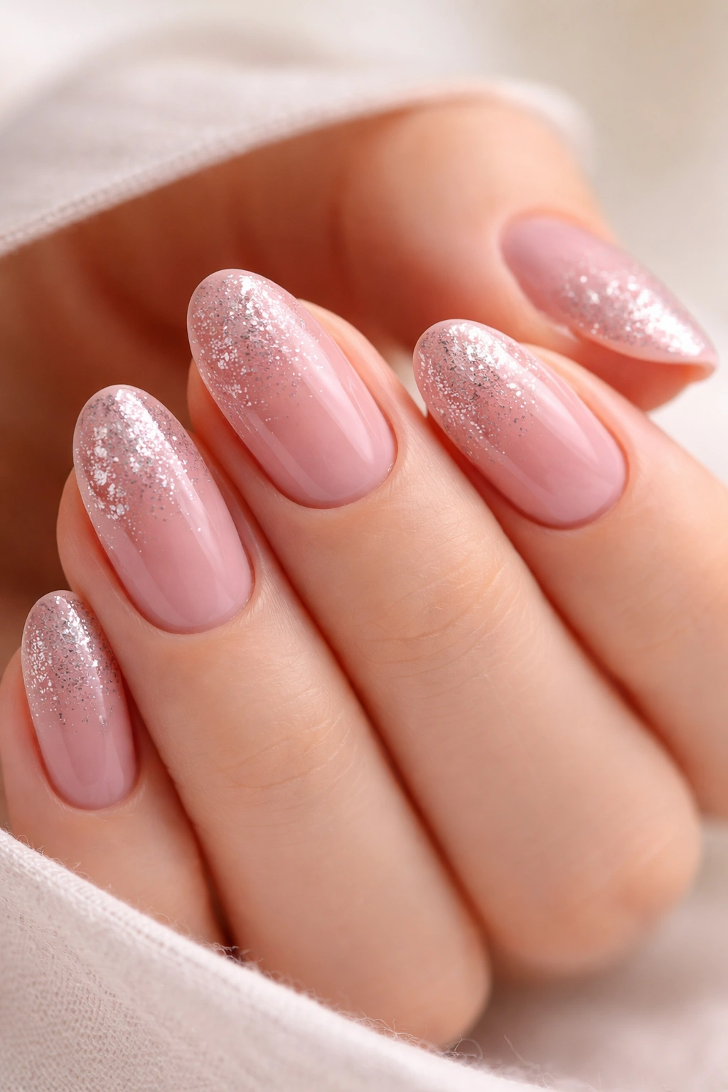 Close-up of dusty pink nails with silver sparkle.
