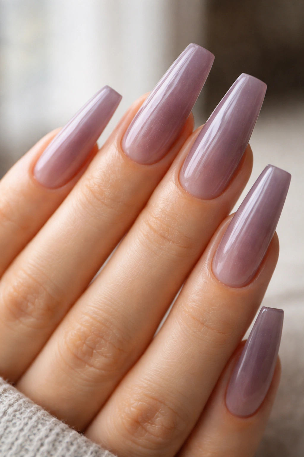Close-up of dusty purple coffin nails with sheer coverage.