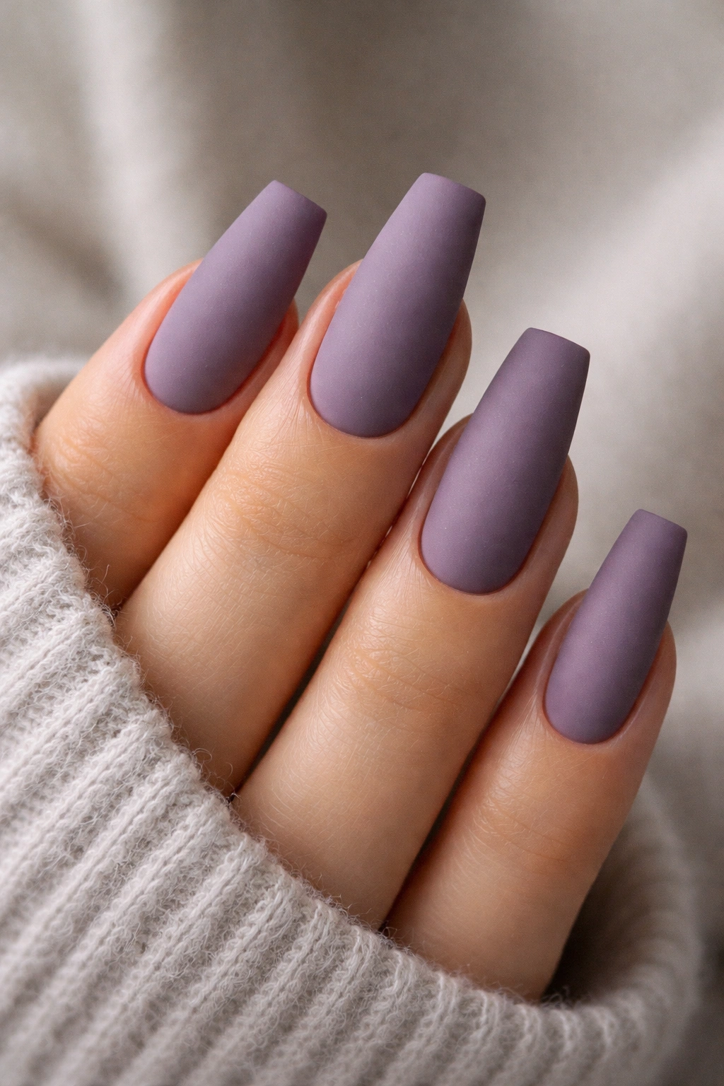 Dusty purple matte coffin nails with velvety finish