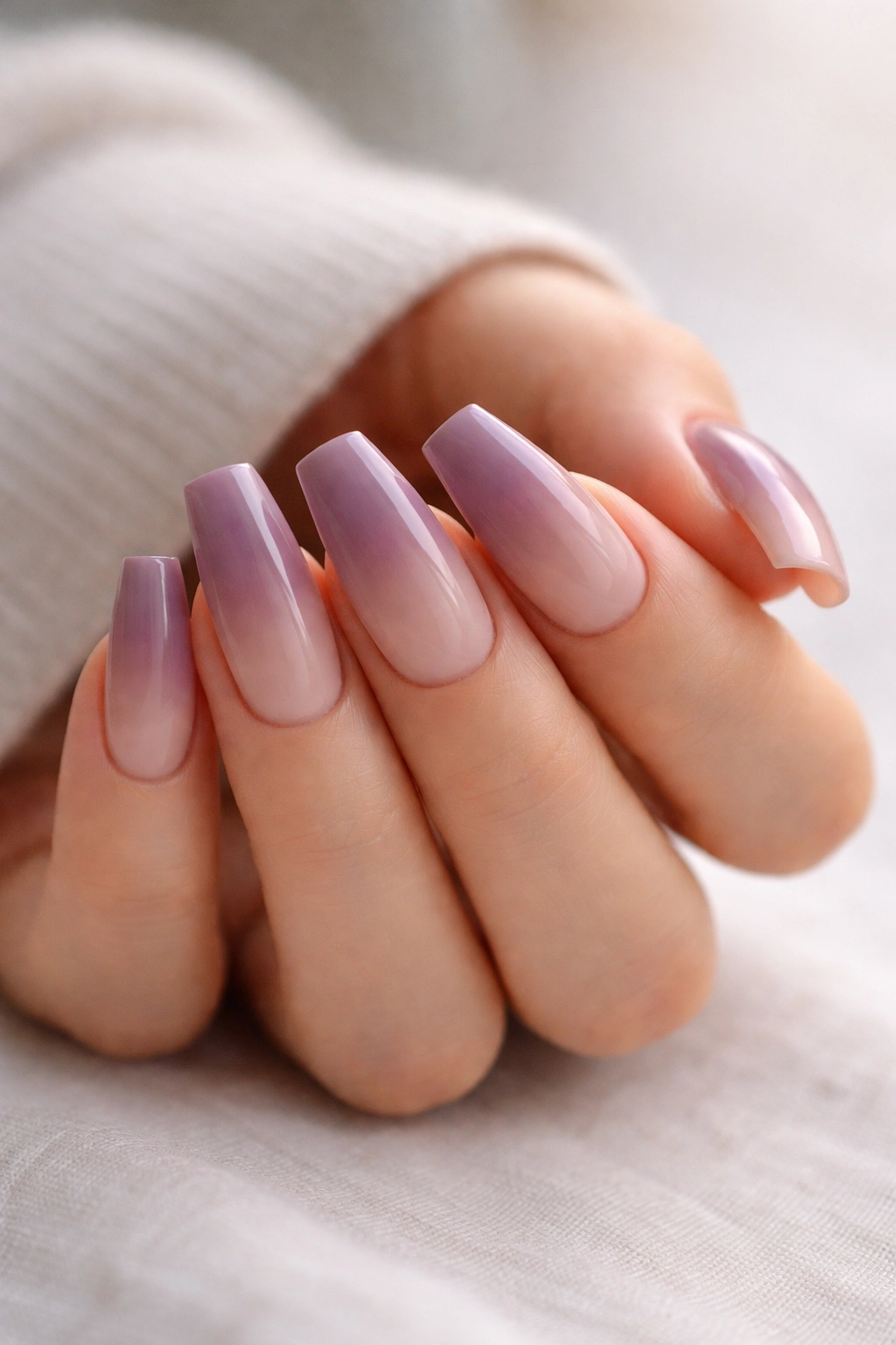 Dusty purple coffin nails fading to nude tips in an ombre on a hand
