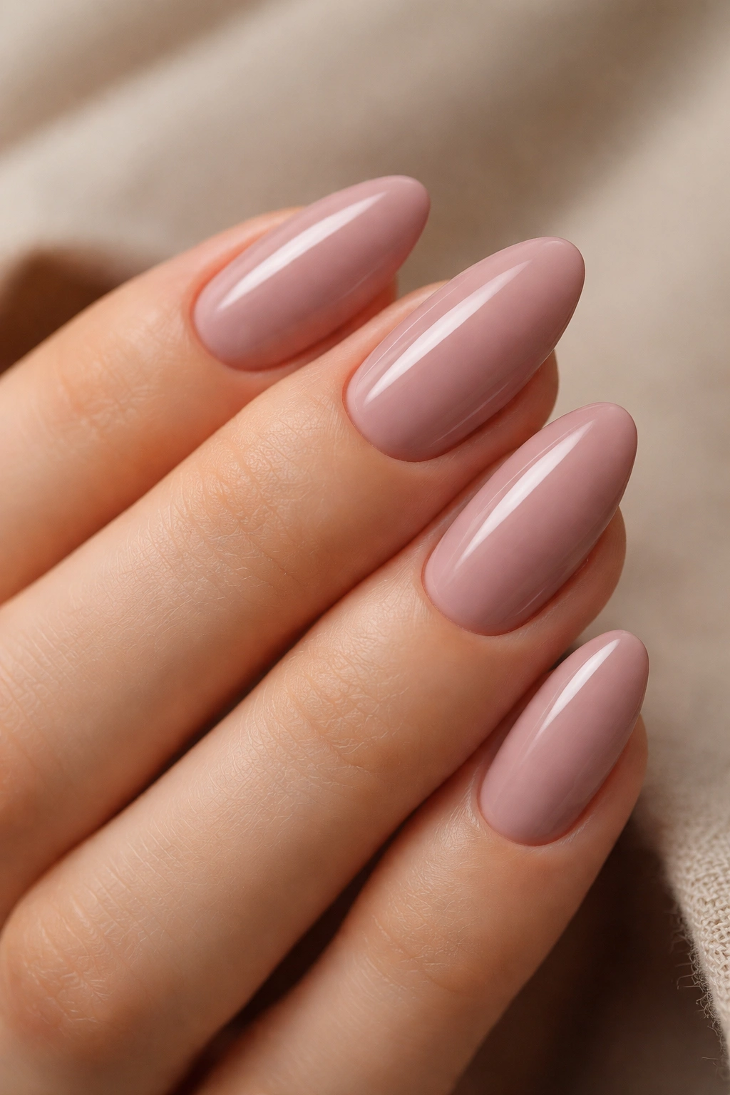 Close-up of short almond nails in dusty rose with creamy finish