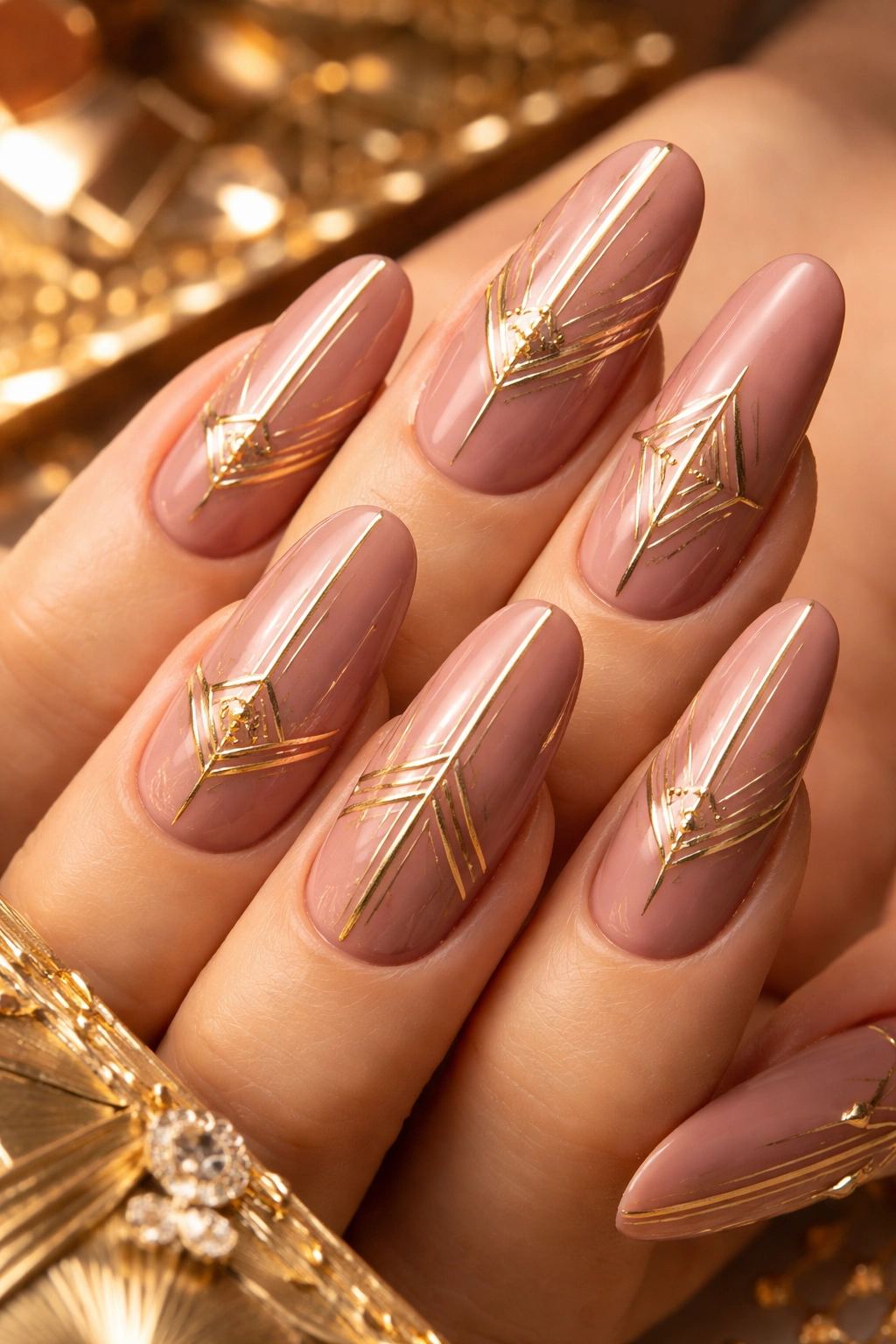 Close-up of dusty rose nail with art déco gold detailing