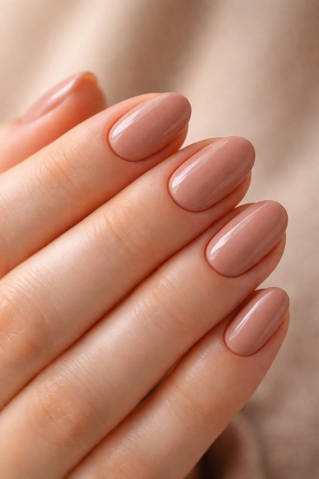 Close-up of short oval nails painted dusty rose beige with a glossy finish