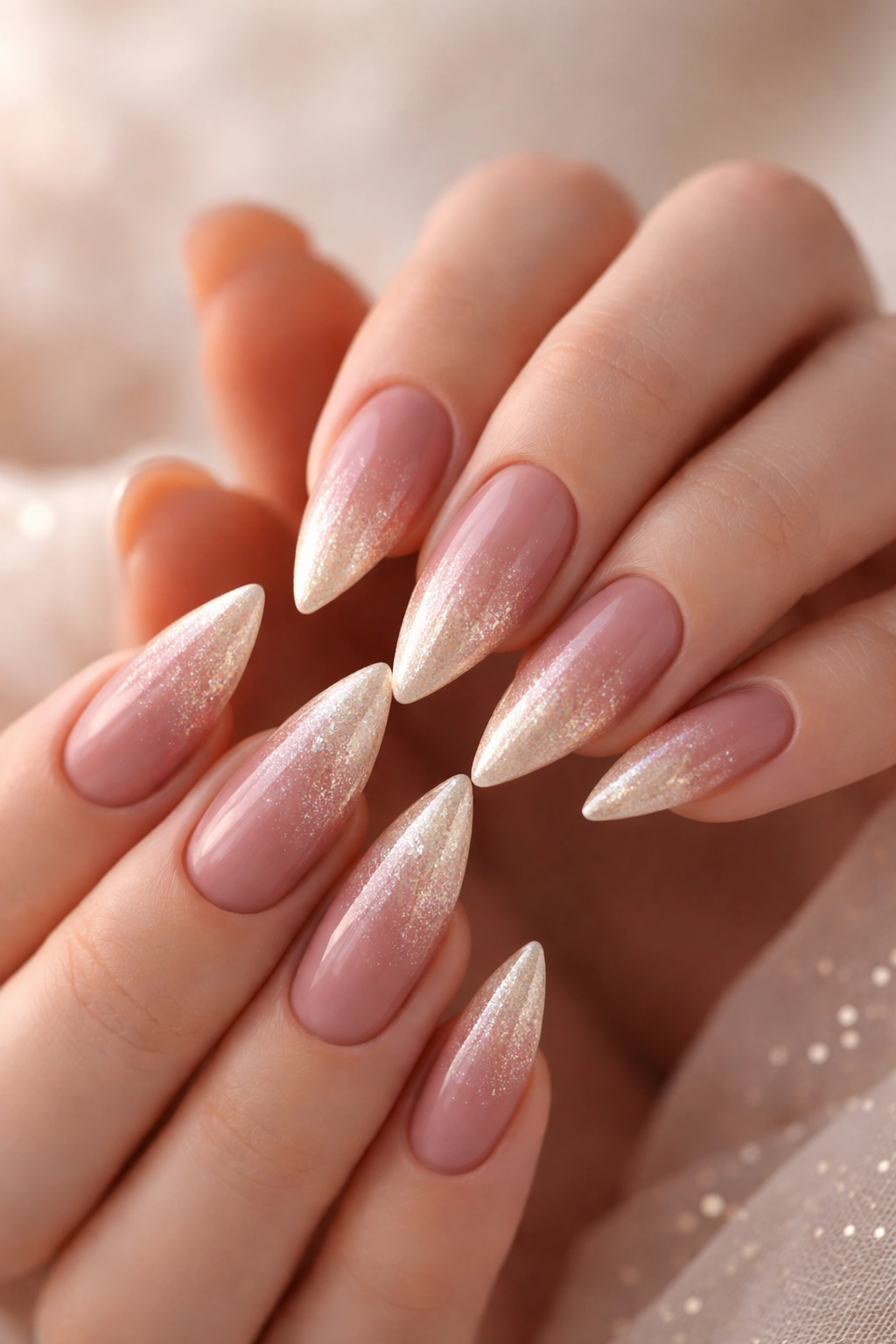 Close-up of medium stiletto nails with dusty rose to champagne ombre