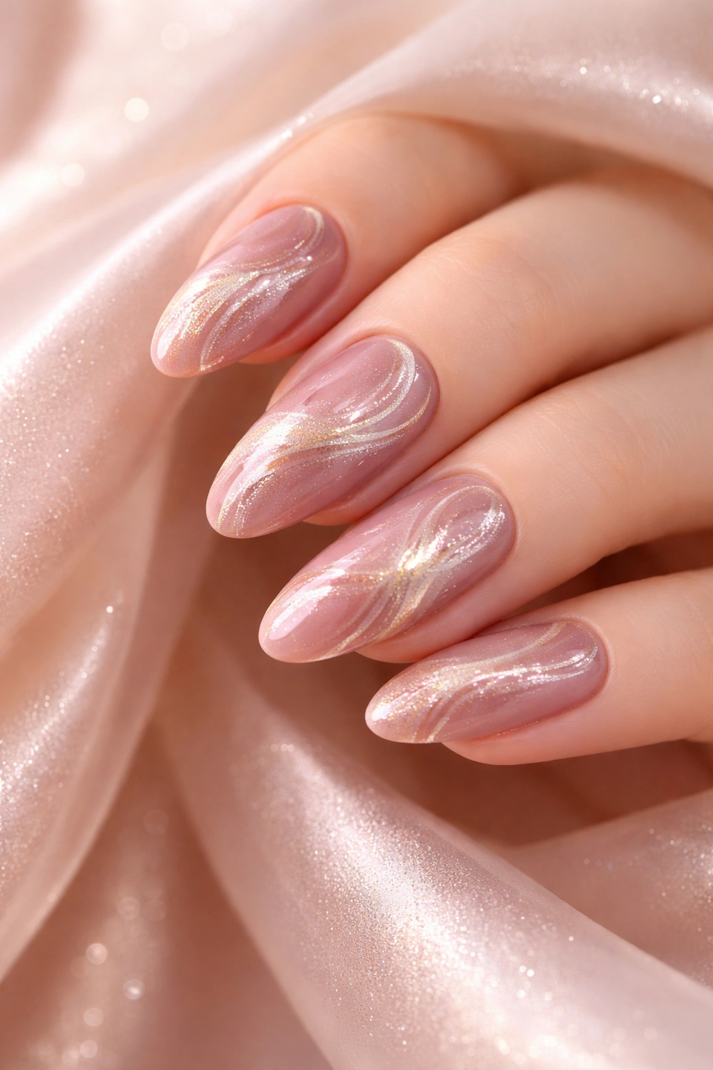 Close-up of dusty rose and champagne swirl nails with gold shimmer