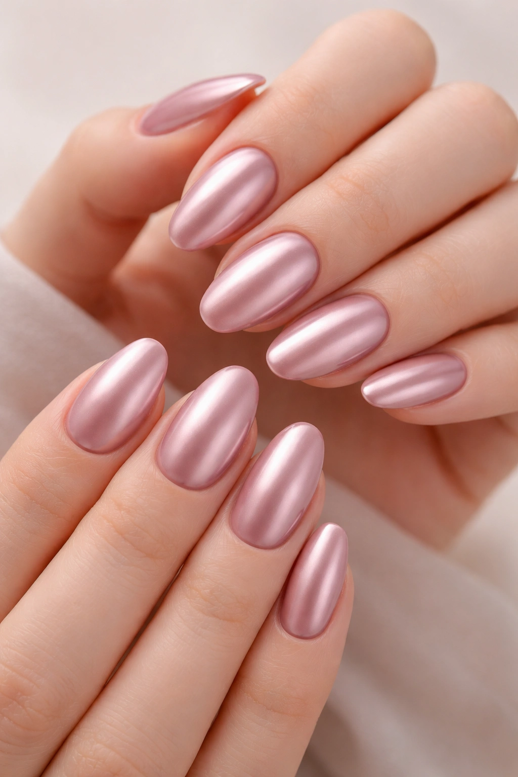 Dusty rose chrome nails with muted elegant sheen
