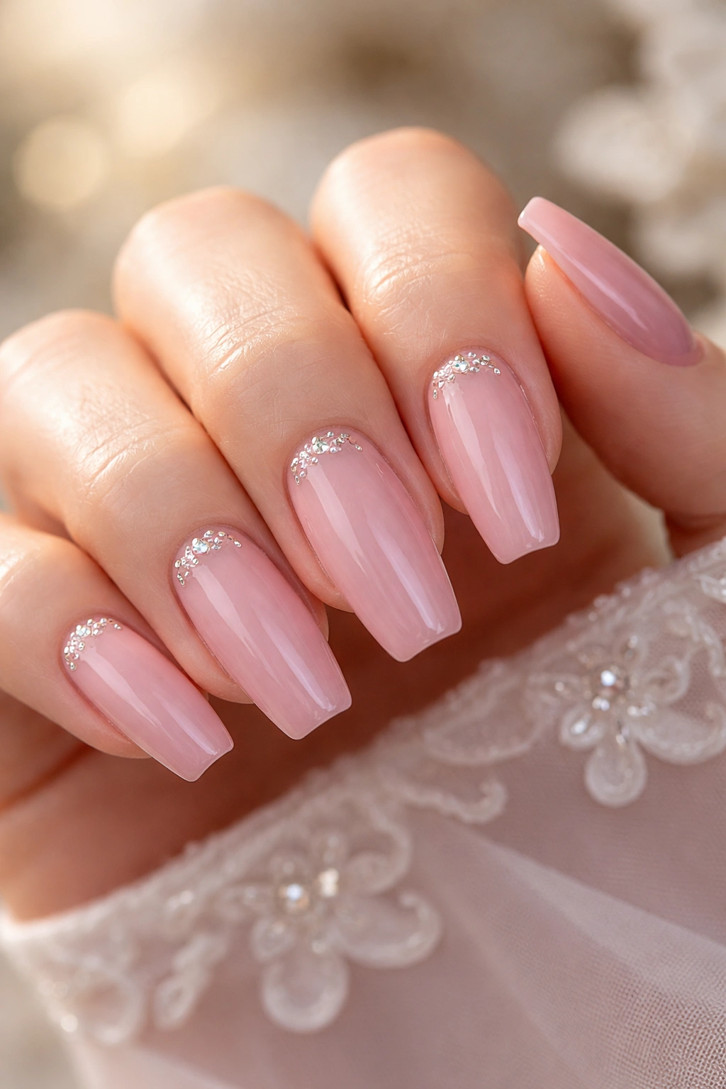Dusty rose coffin nails with subtle crystal accents