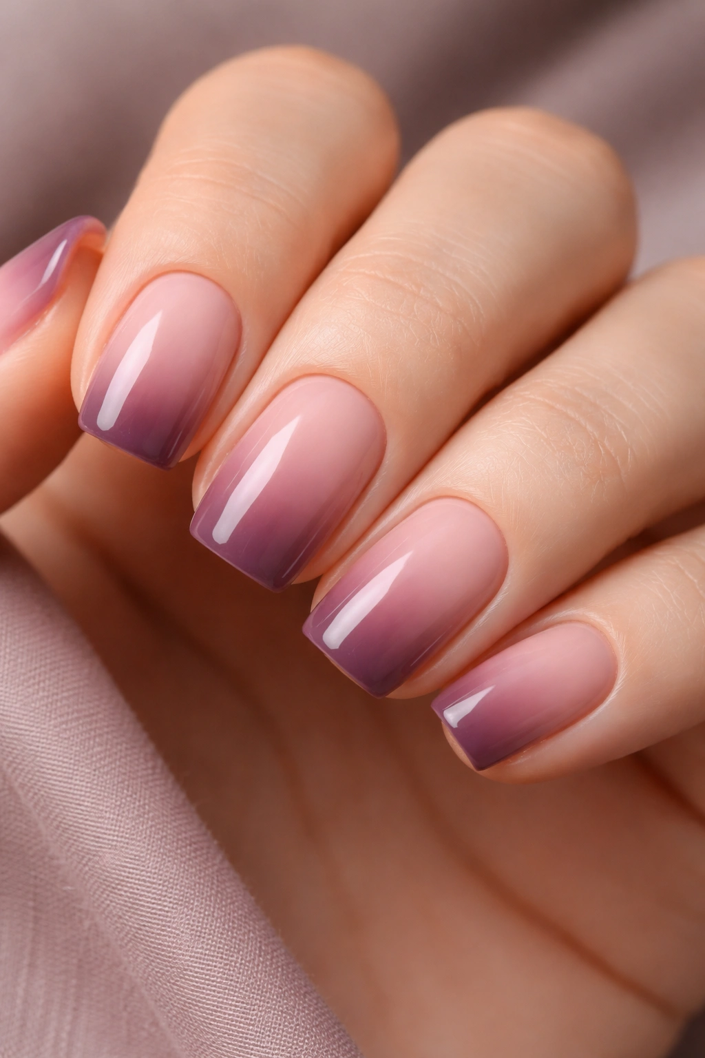 Close-up of short squoval nails with dusty rose to deep mauve gradient