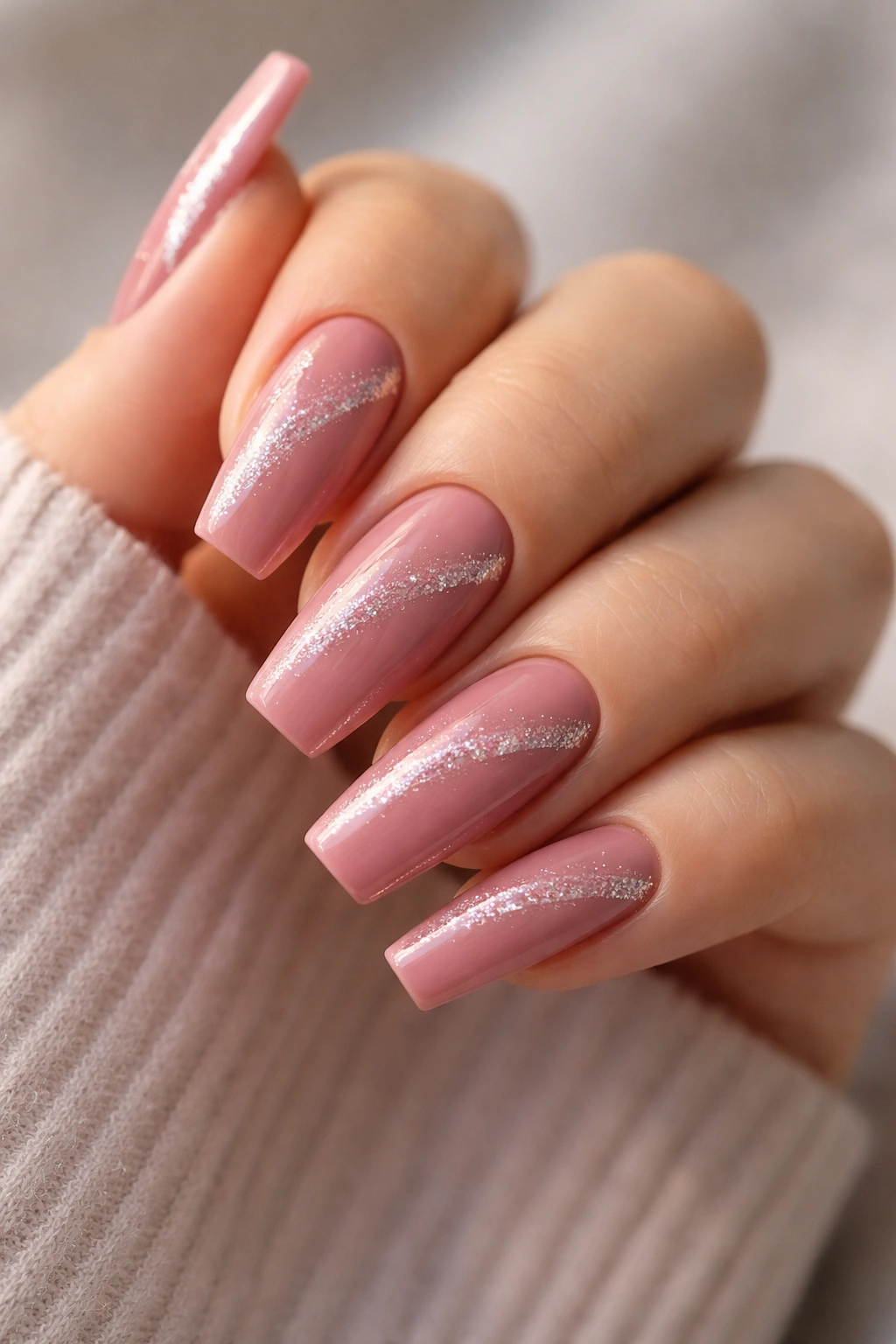 Dusty rose pink nails with a diagonal glitter sash