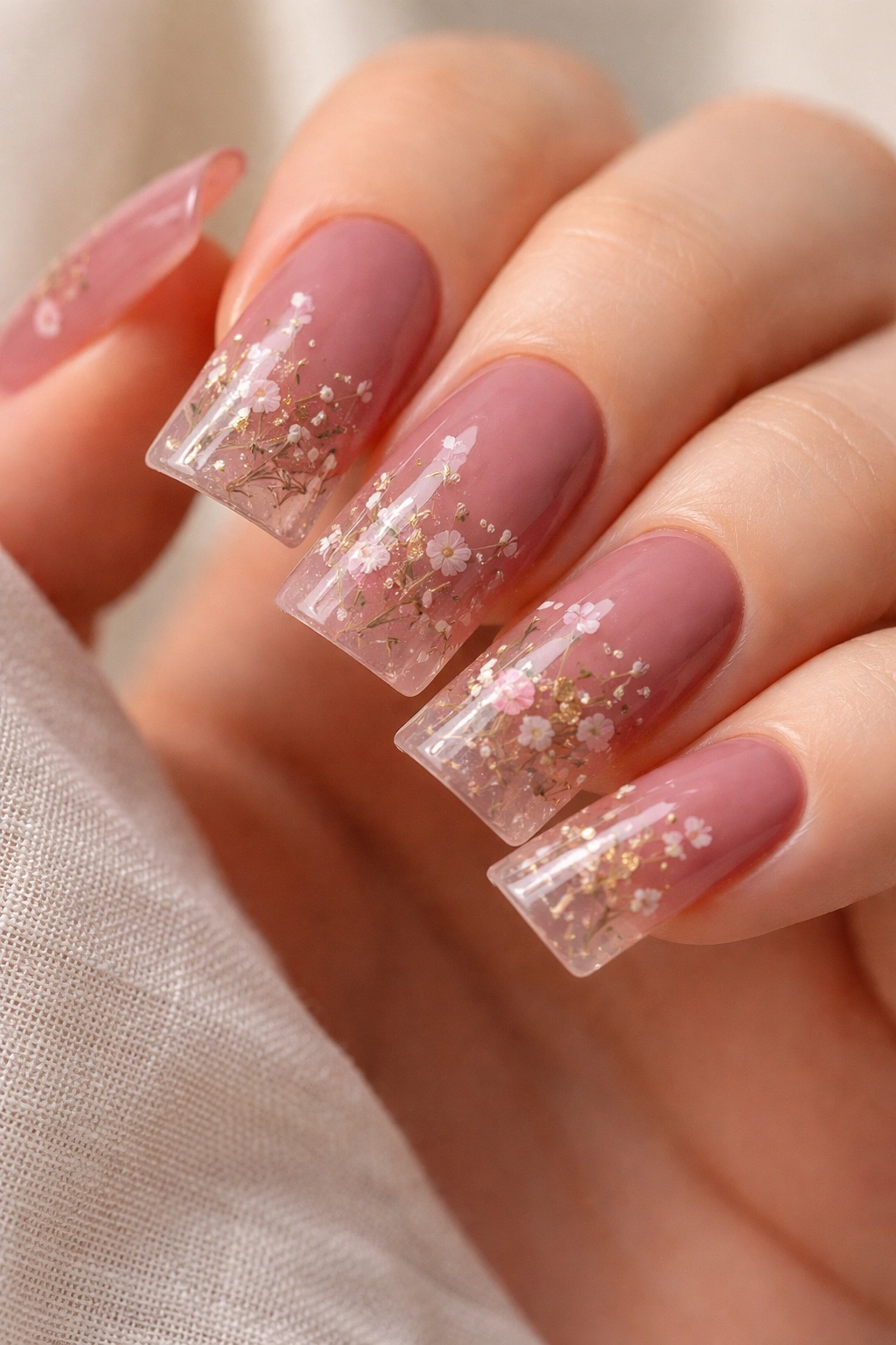 Close-up of duck nails with dusty rose base and embedded pressed flowers