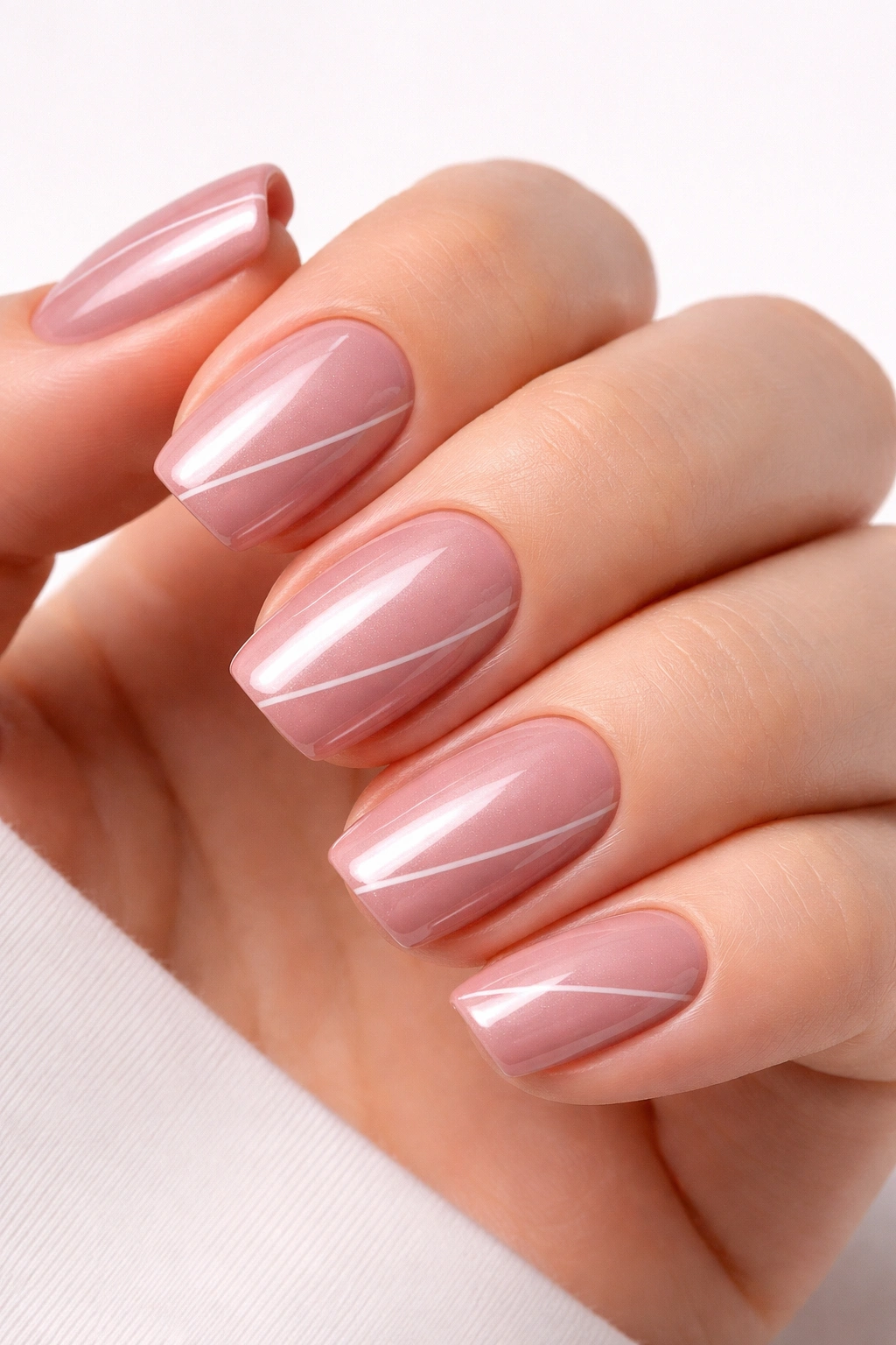 Close-up of dusty rose glaze nails with a single geometric line