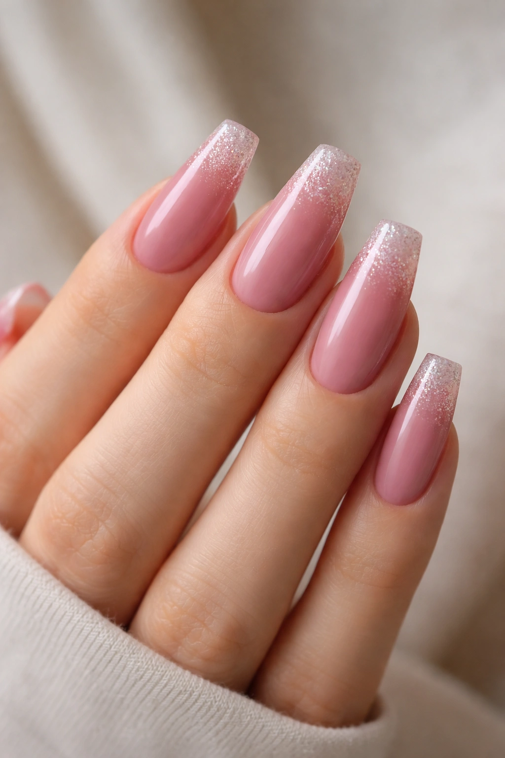 Dusty rose coffin nails with translucent glitter gradient at tips