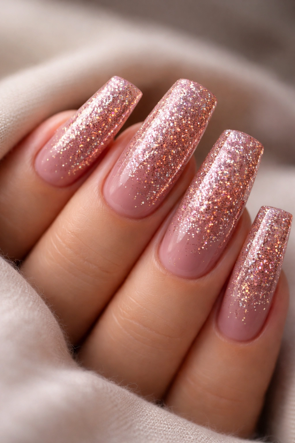 Dusty rose duck nails with rose gold holographic glitter