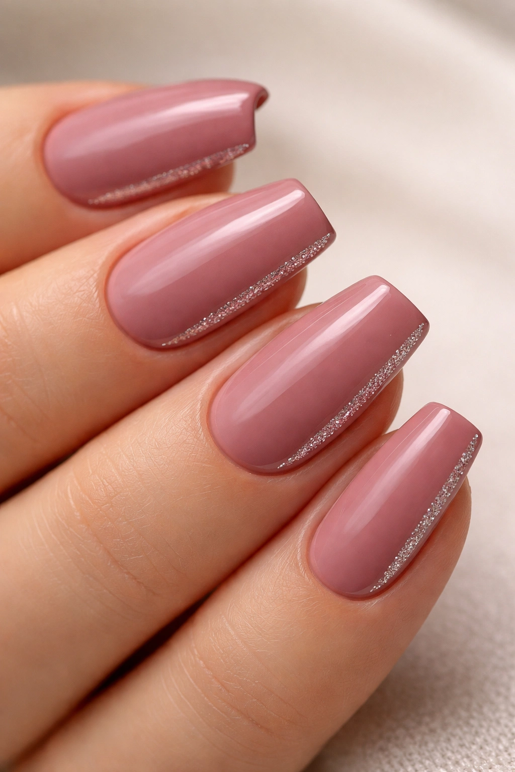 Dusty rose nails with a fine glitter stripe along the side for a subtle sparkle
