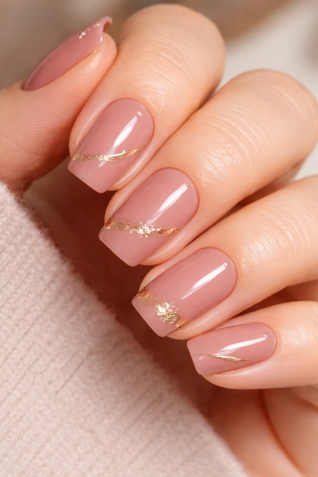 Dusty rose squoval nails with delicate gold accents