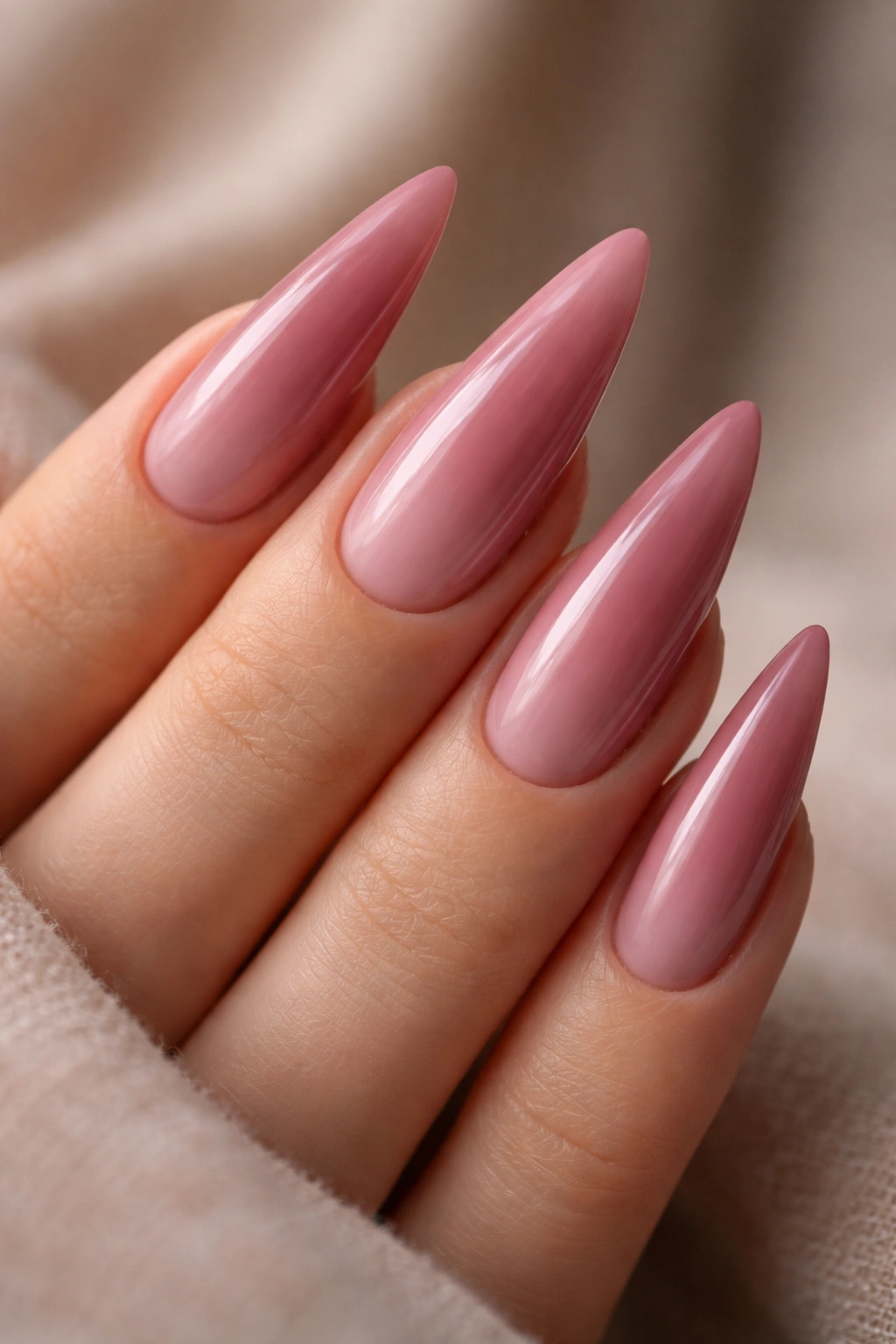 Close-up of dusty rose nails with subtle gradient