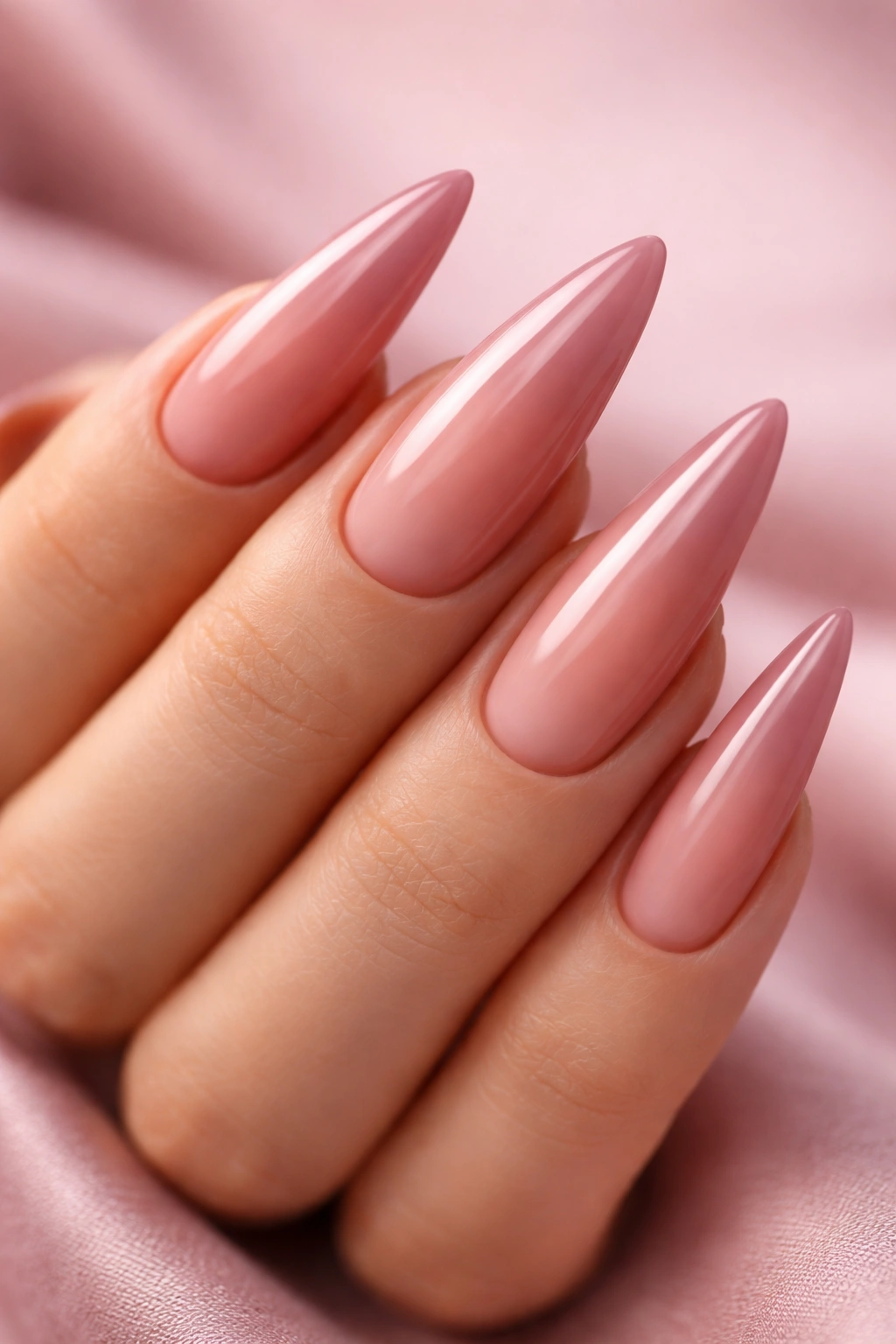 Close-up of dusty rose stiletto nails with subtle gradient