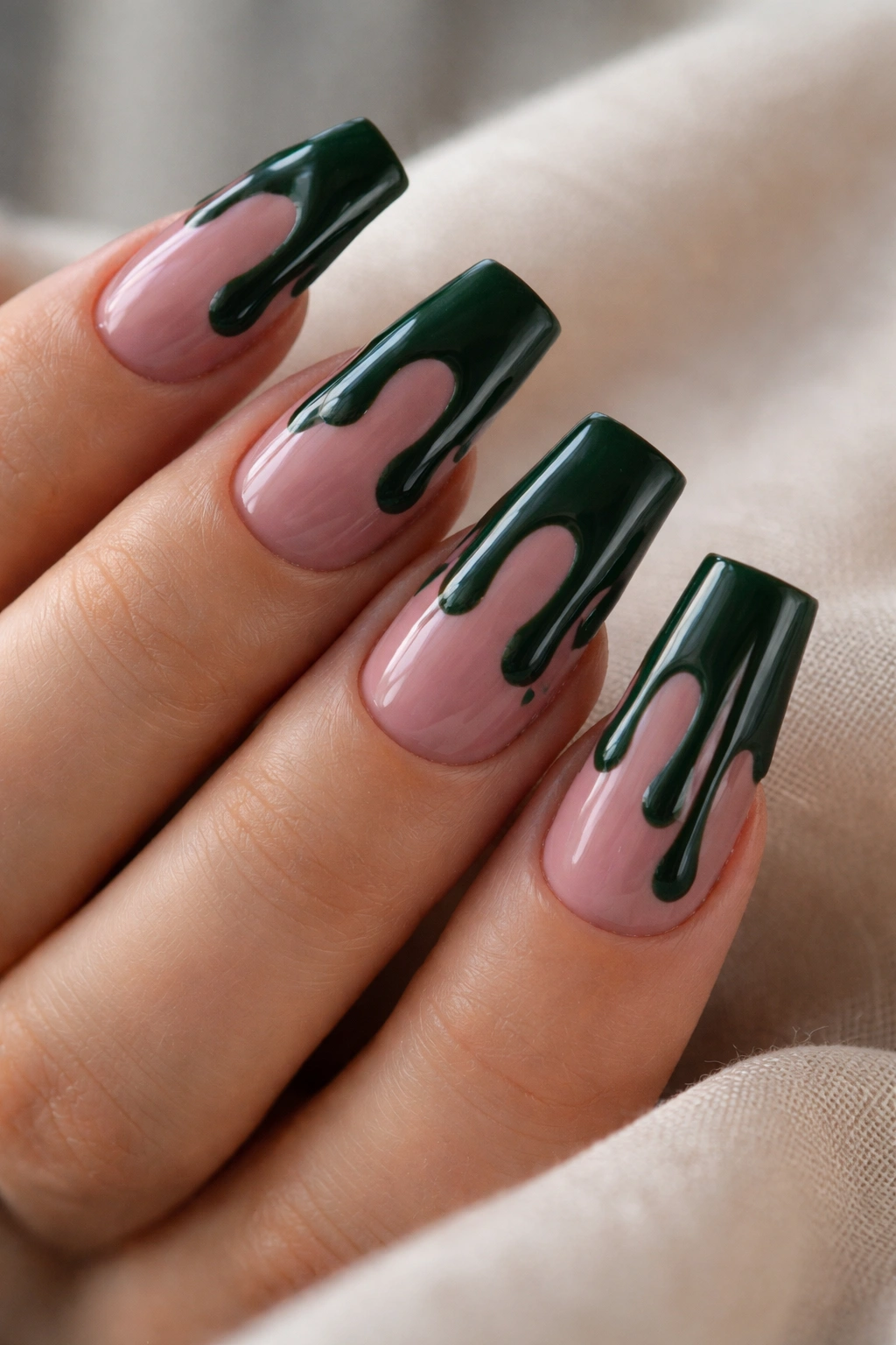 Duck nails with dusty rose base and green drips