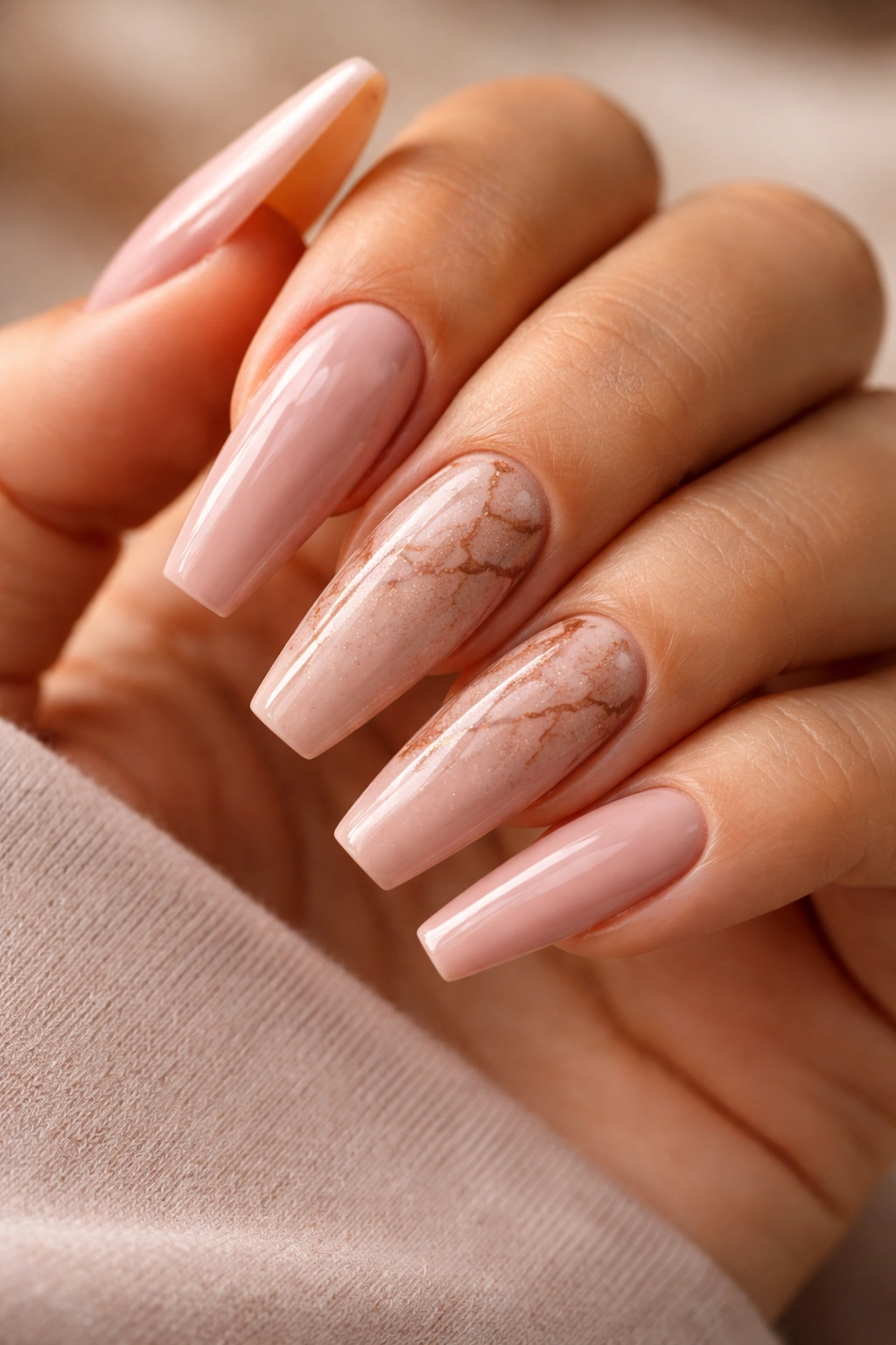 Close-up of hand with dusty rose and cinnamon marble nails on warm skin