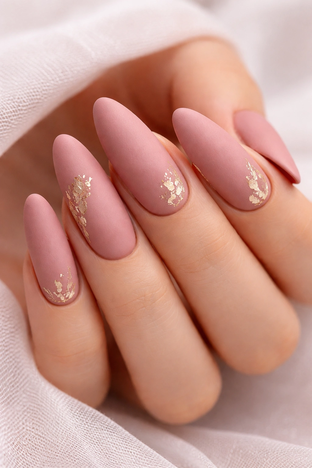 Close-up of dusty rose matte nails with gold foil details