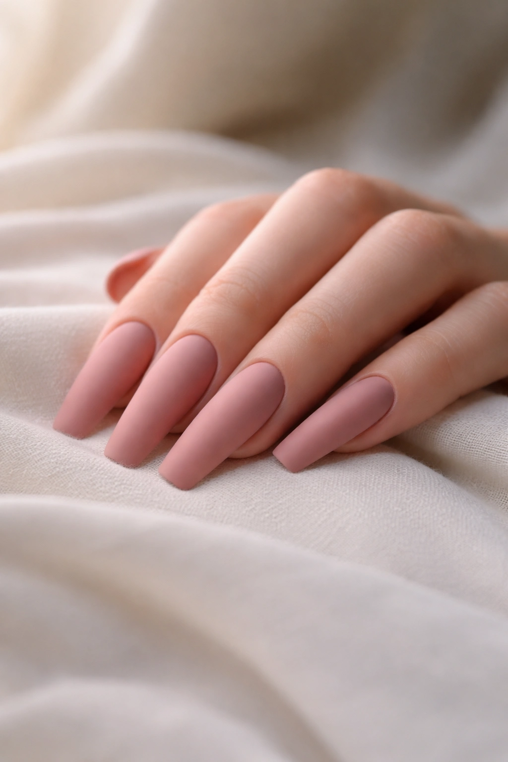 Dusty rose coffin nails with a matte finish on a hand