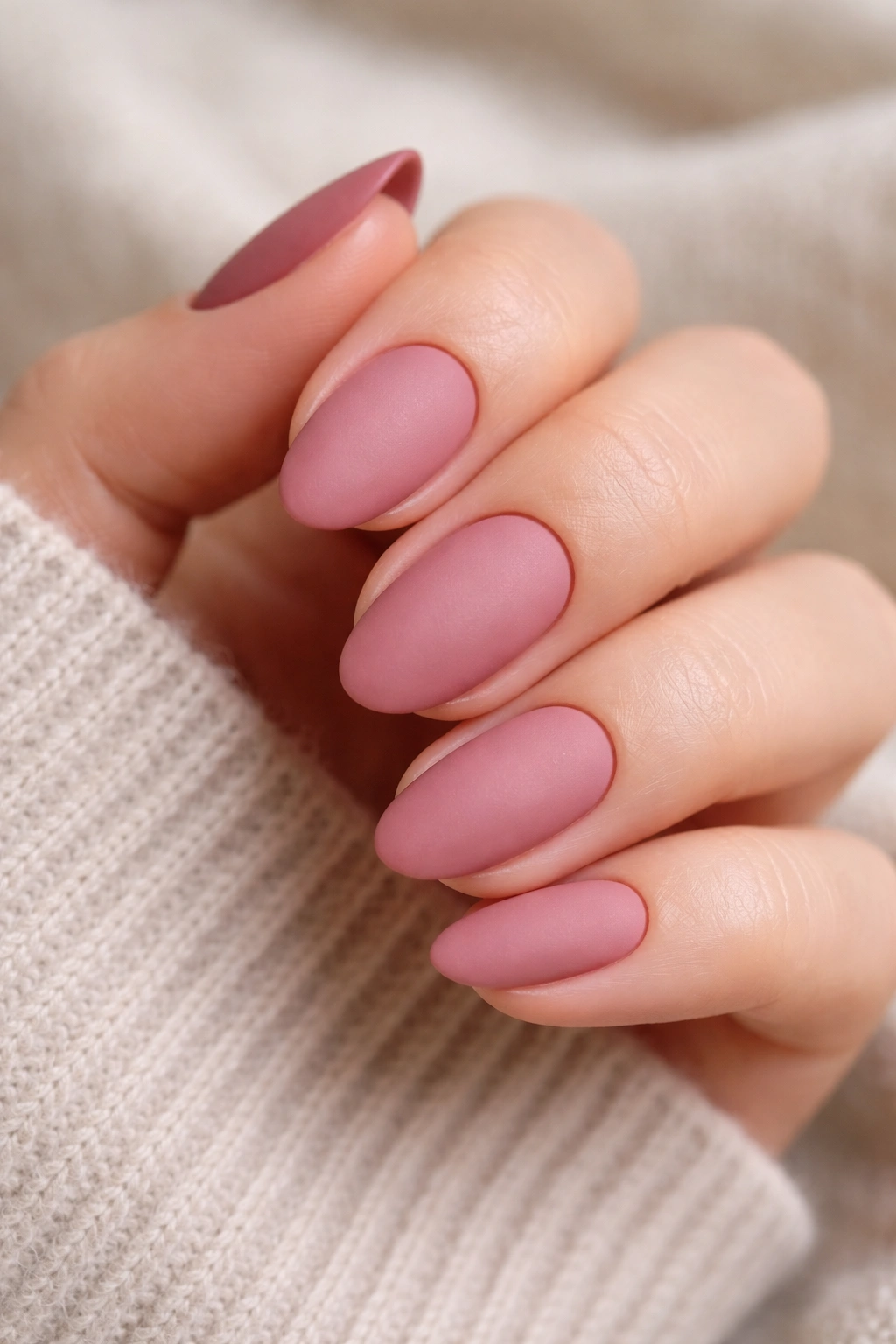 Close-up of short almond nails in dusty rose matte finish