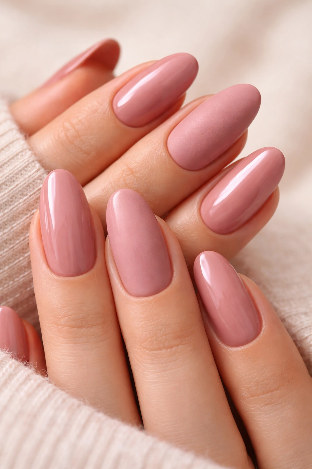 Dusty rose nails showing matte and glossy finish contrast