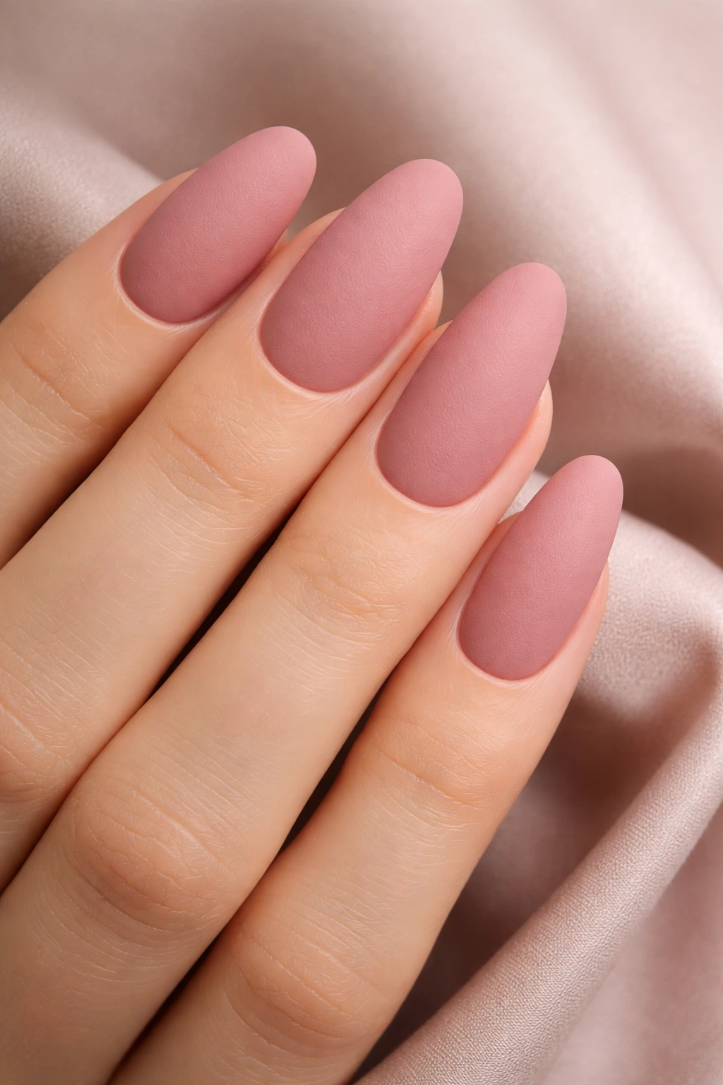 Close-up of dusty rose matte nails on long oval shape