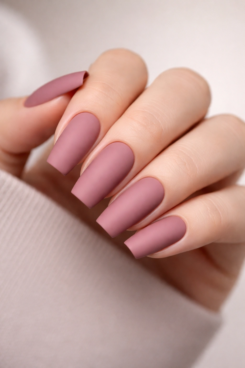 Close-up of long squoval nails in dusty rose matte finish