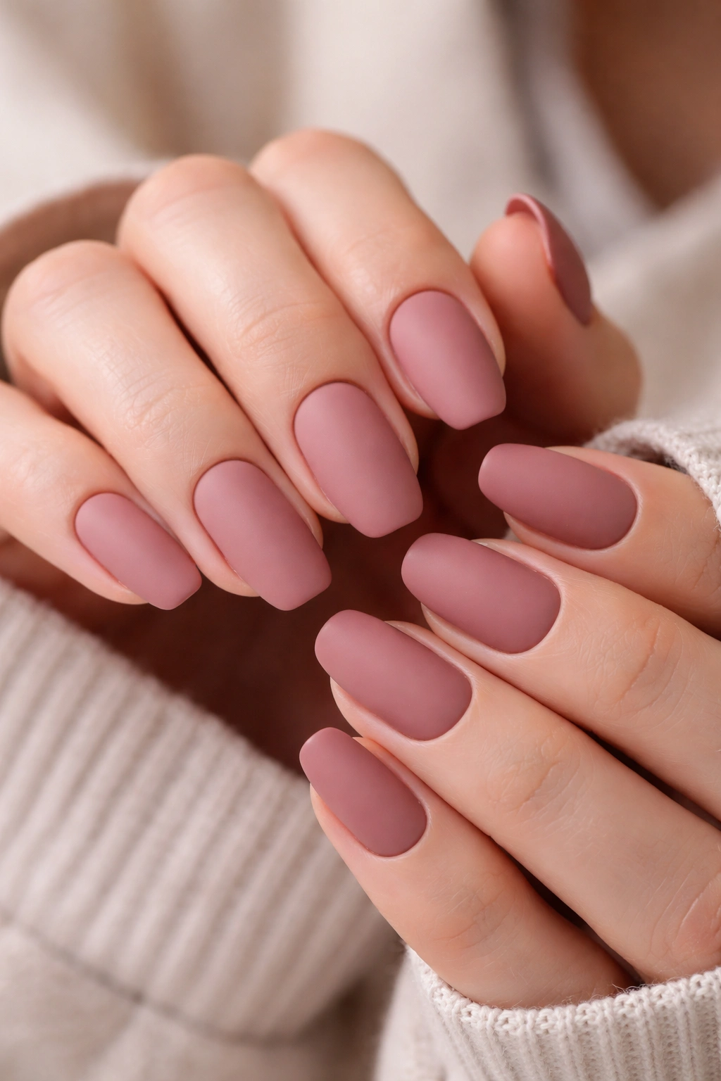 Dusty rose matte ballet nails with a soft, muted pink-brown tone.