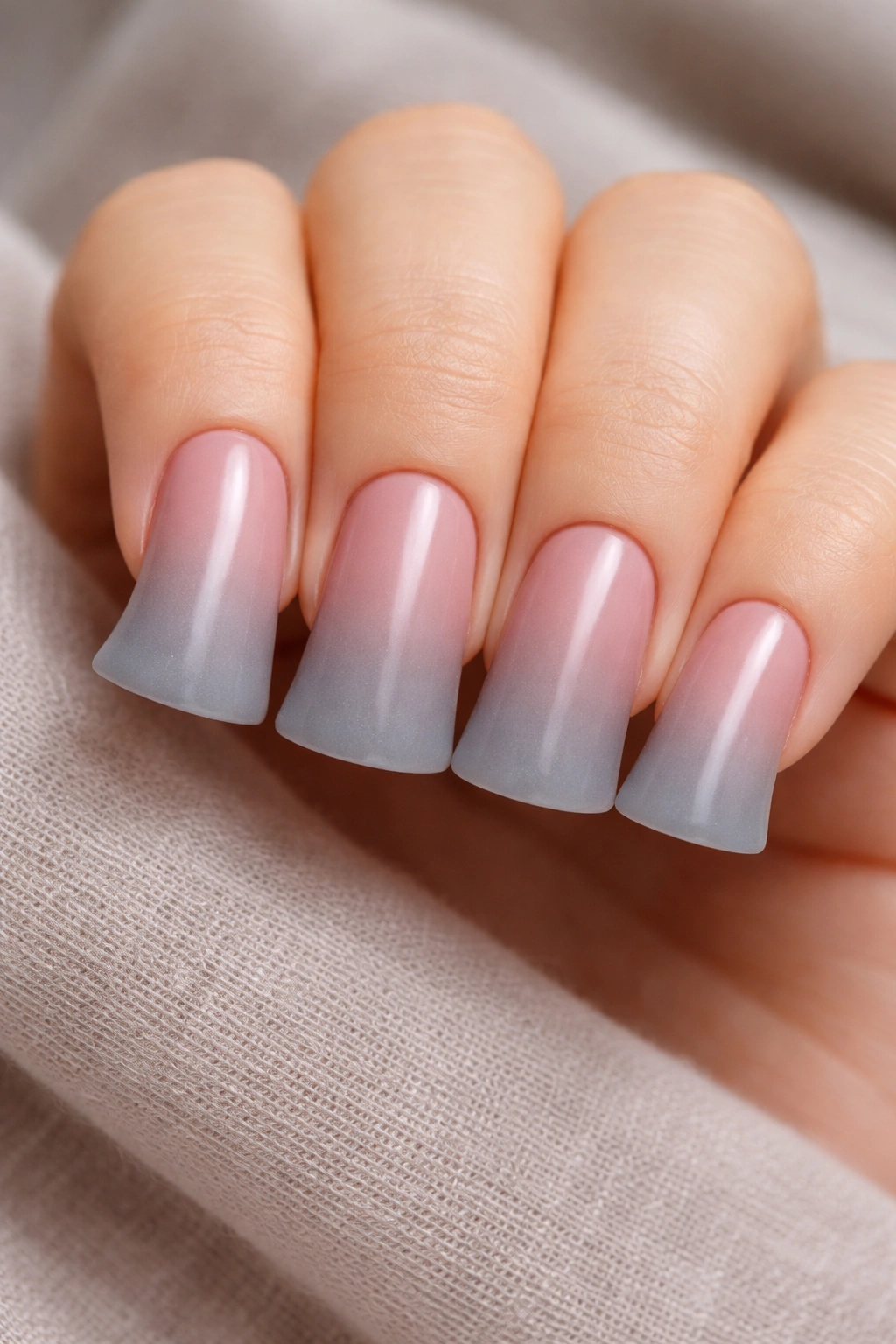 Muted-tone ombre nails in dusty rose, mauve, gray