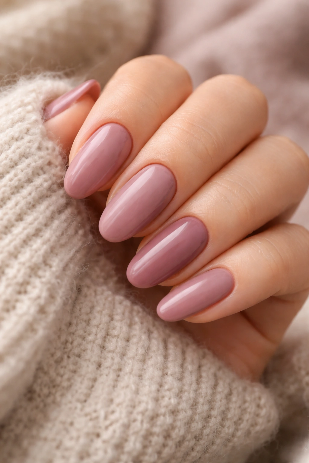 Close-up of dusty rose and mauve nails with soft, sophisticated color.