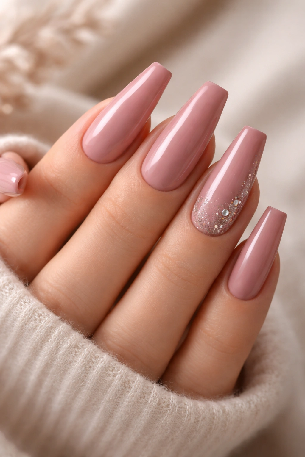 Close-up of dusty rose nails in ballerina shape
