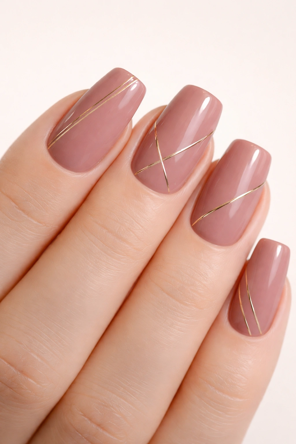 Nails showing dusty rose base with thin gold striping on soft square nails