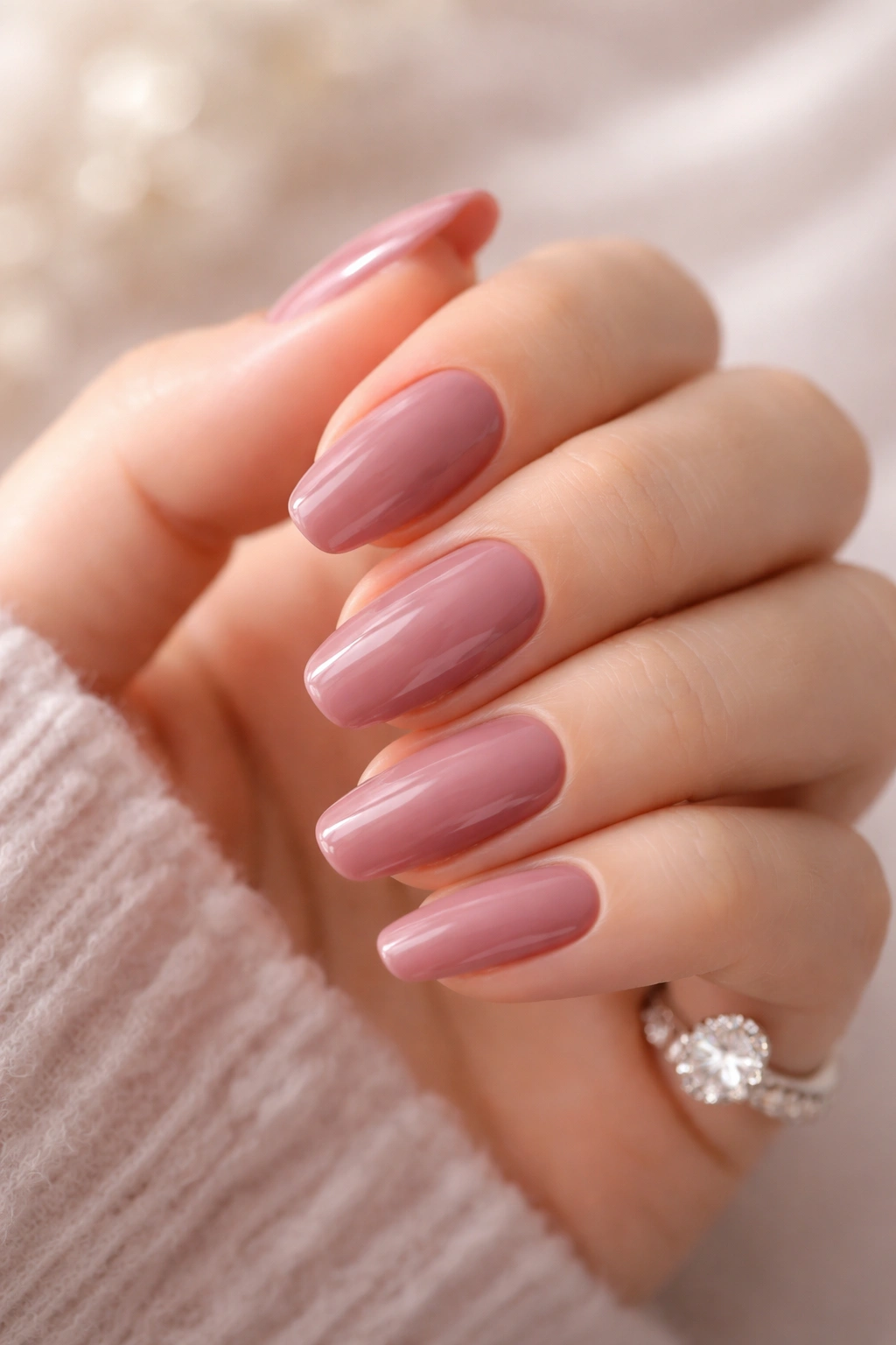 Close-up of dusty rose nails