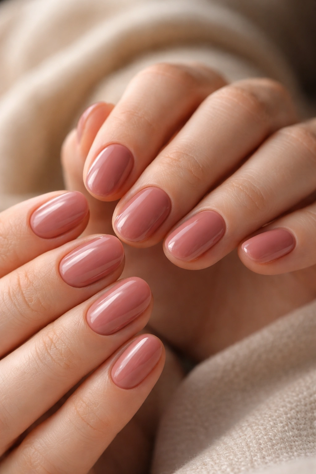 Short oval nails in dusty rose with opaque glossy finish