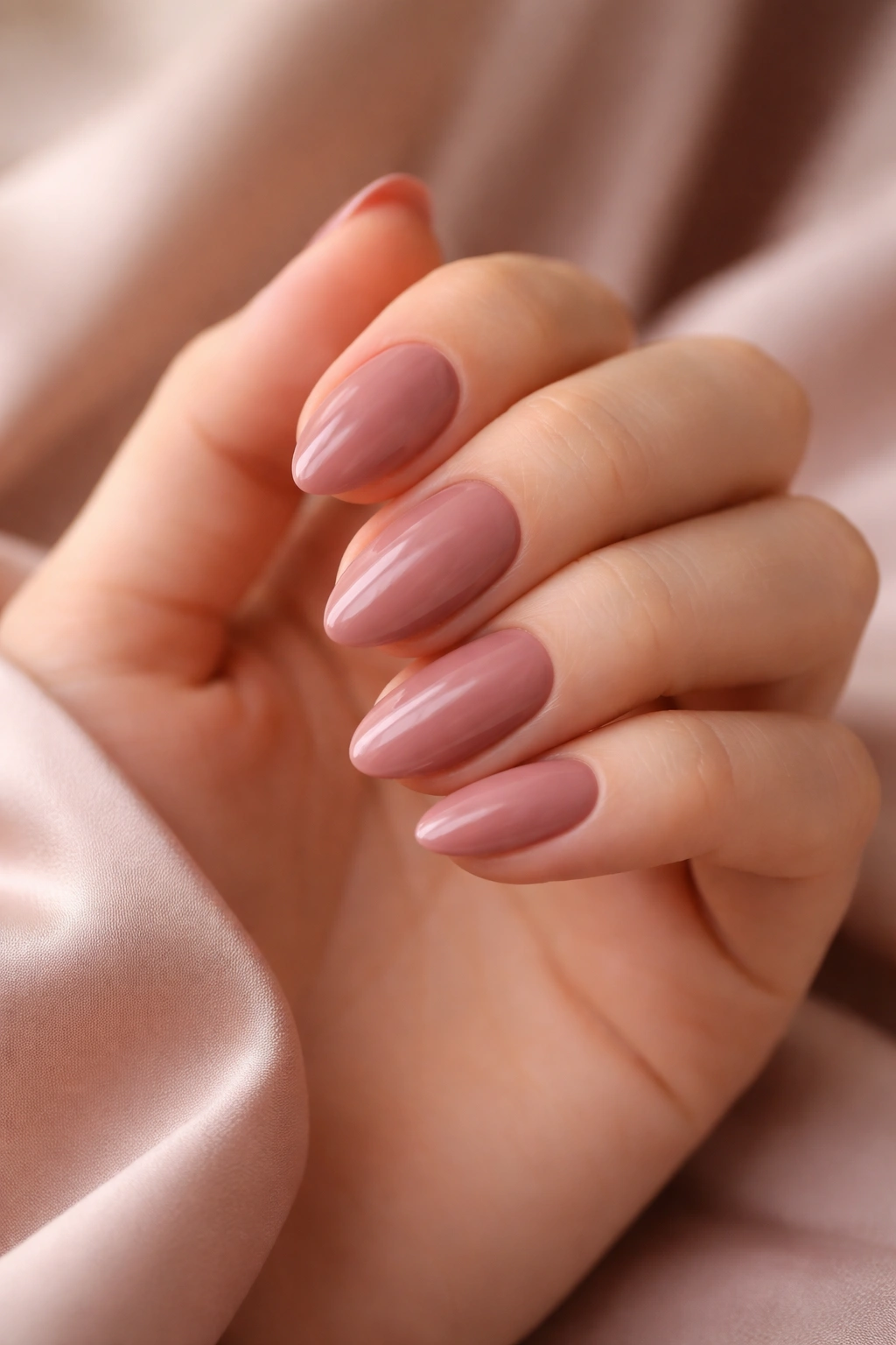 Close-up of short almond nails painted dusty rose on a neutral background