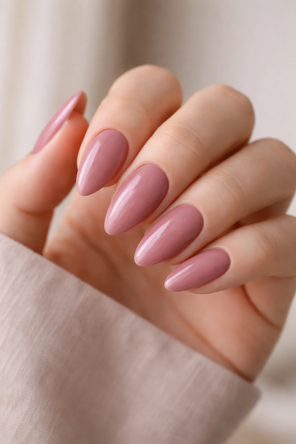 Close-up of dusty rose almond nails on a bare hand with a glossy finish