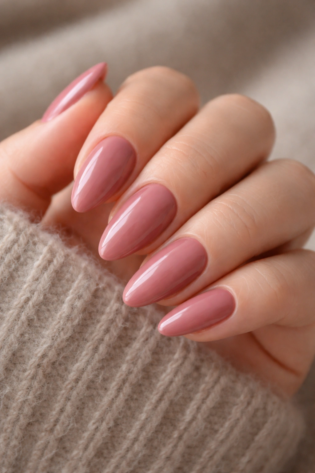 Close-up of dusty rose almond nails with muted pink shade